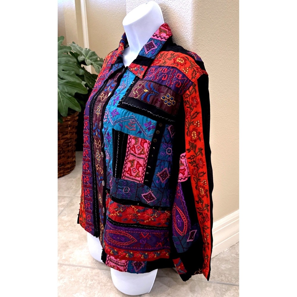 Chicos Patchwork Embroidered Button Front Jacket Multi Color Boho Size 2 - Picture 2 of 10